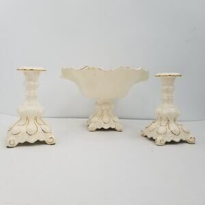 Holland Mold 1950 Fruit Compote Bowl Candlesticks 3 Pc. Centerpiece Gold Regency
